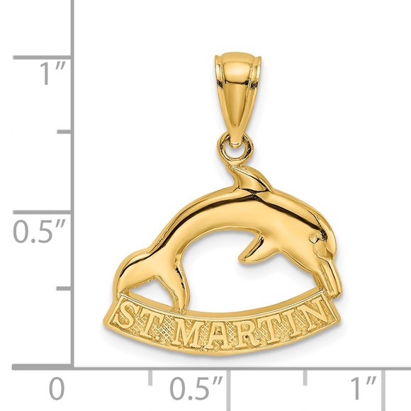 14k Yellow Gold Travel 2-D ST. MARTIN Under Small Dolphin Necklace Charm Pendant - Picture 3 of 4